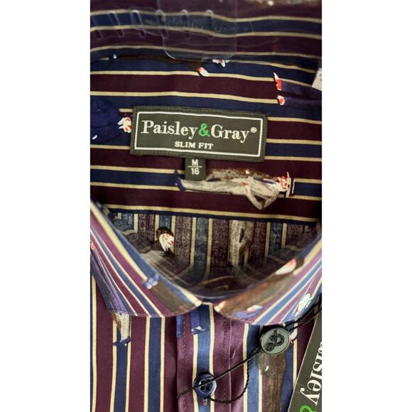 Paisley & Gray Men’s Slim Fit Dress Shirt M Striped Man Print Burgundy Navy NWT - Picture 2 of 14